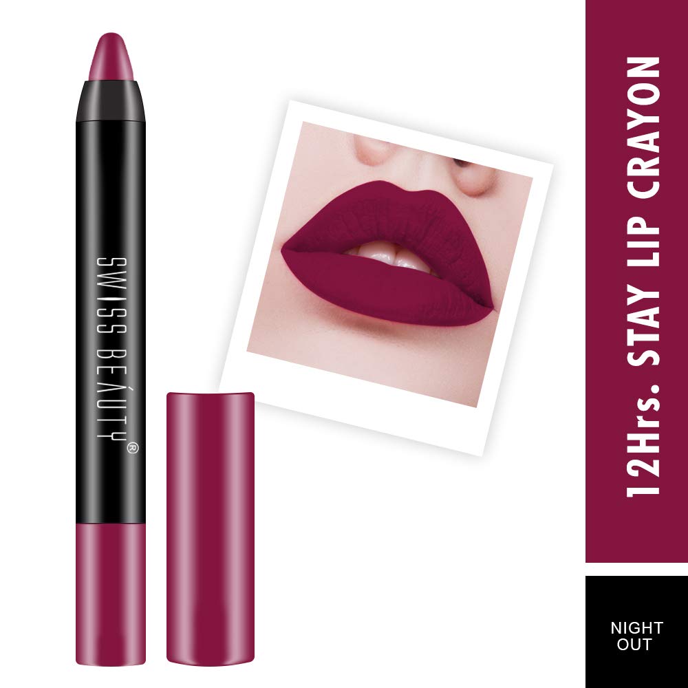 Swiss Beauty 12 Hrs. Stay Matte Lip Crayon, Night Out, 3g - Long Lasting, Waterproof, Super Stay, Matte Finish Lip Crayon, Long Wear, Crayon Lipstick