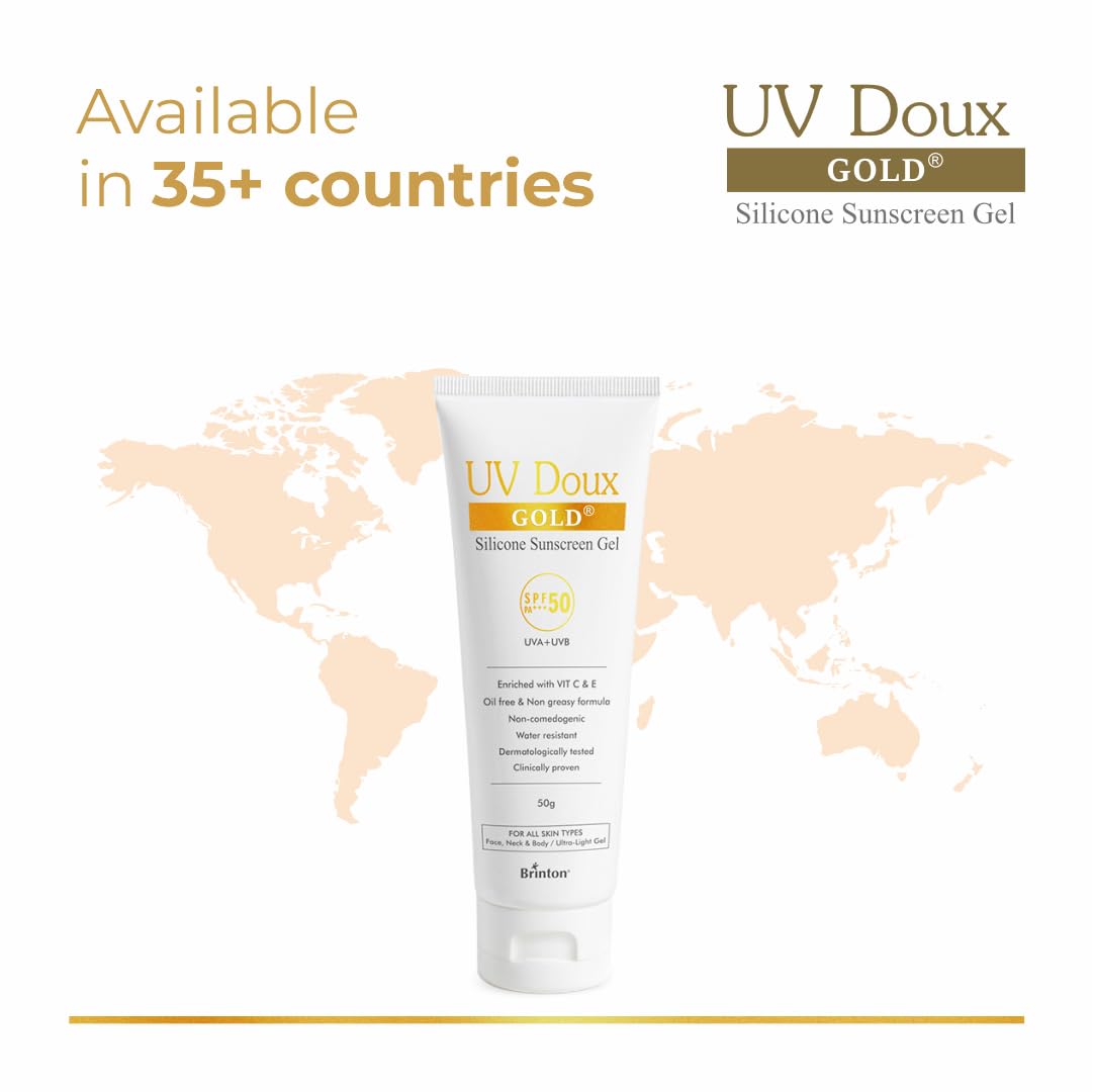 Brinton UV Doux Gold Silicone Sunscreen Gel SPF 50 PA+++ Enriched With Vitamin C & E | Water Resistant, Oil Free & Non- Greasy | UVA/UVB With Broad Spectrum, 50 g x Pack of 4