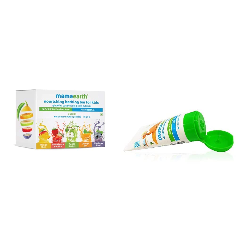 Mamaearth Fruit Based Nourishing Clear Bathing Bar Baby Soap With Glycerine, For Kids 75 Gram X 5 & Mamaearth Mineral Based Sunscreen for Babies (50 ml/50 g)