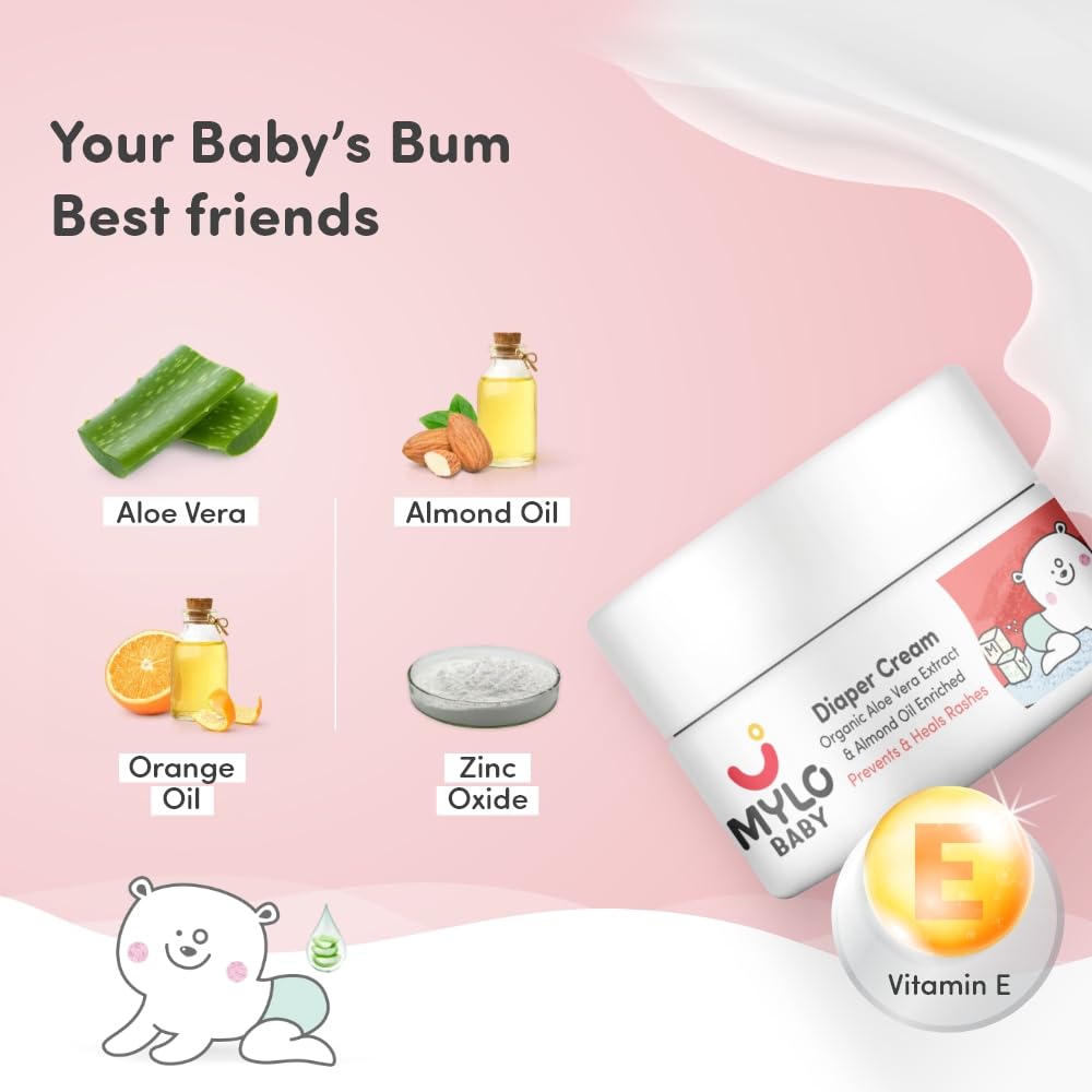 Mylo Baby Diaper Rash Cream 50gm | Prevents and Heals Rashes | With 15% Zinc Oxide | Care with Aloe Vera, Almond Oil & Vitamin E