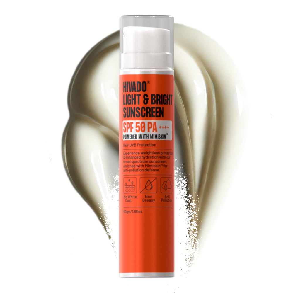 Hivado Men’s Sunscreen SPF 50 PA++++ | No White Cast, Prevents Sun Tan | Lightweight, Non-Greasy, Hydrating & Brightening Formula | UVA + UVB Broad Spectrum Sun Protection | With Mimiskin™ | For All Skin Types | 50ml