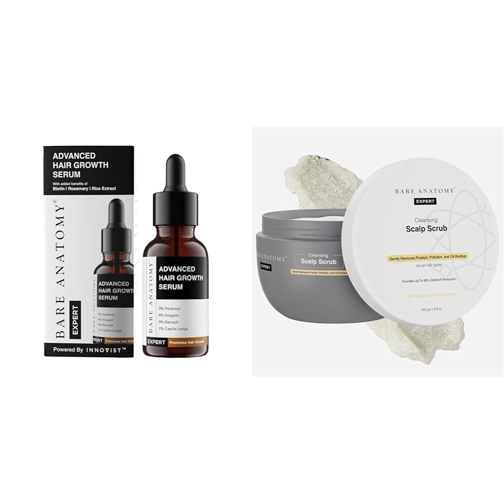 Bare Anatomy Advanced Hair Growth Serum | 3% Redensyl + 4% Anagain + 3% Baicapil + 1% Capilia Longa,for Women & Men | 30mL Scalp Scrub with Natural AHAs, Coconut & Sugar For Women & Men | 250g