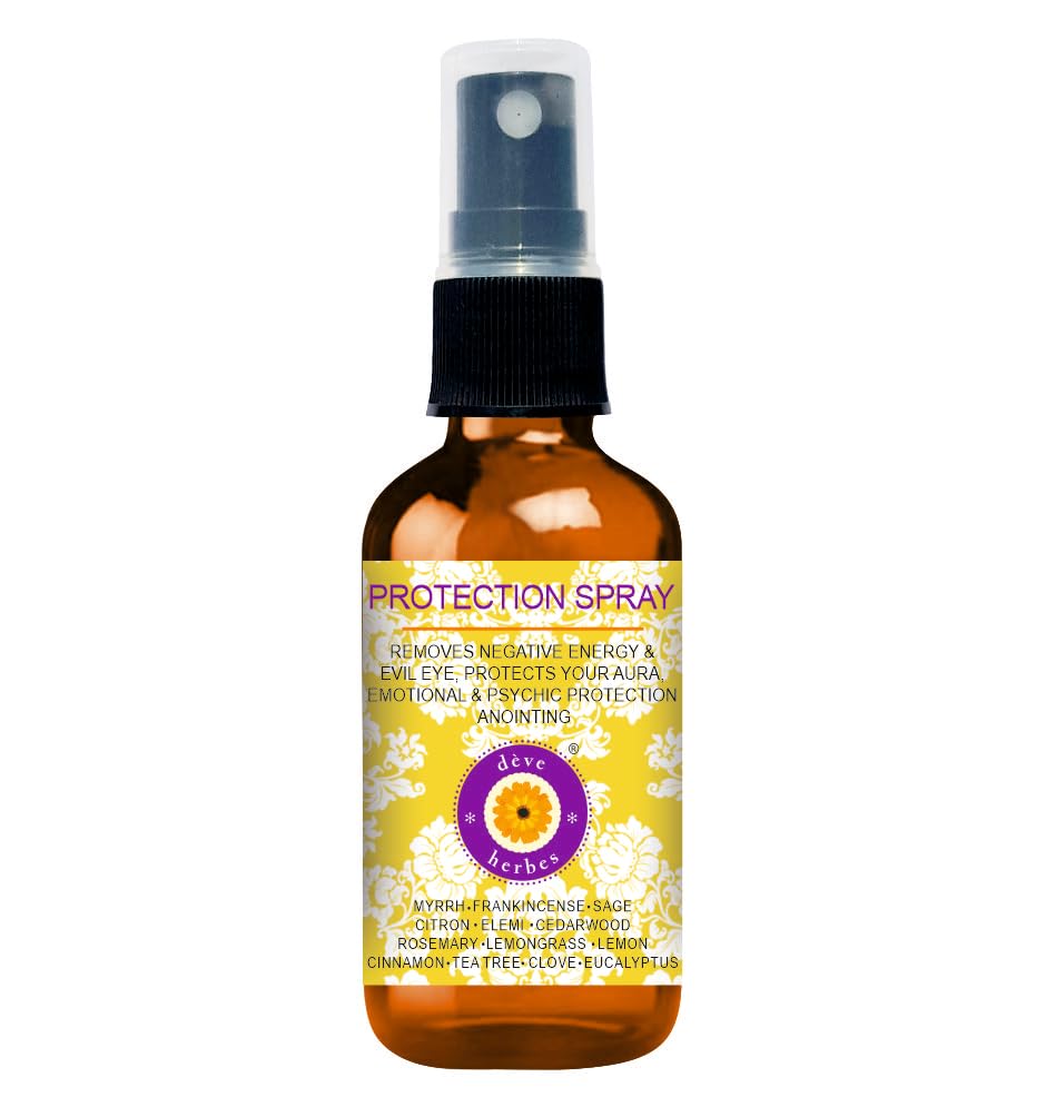Deve herbes Protection Spray - Essential Oil Blend to ward off negative energies & evil eye with Cedarwood, Cinnamon, Citron, Clove, Elemi, Eucalyptus, Frankincense, Lemon, Lemongrass, Myrrh, Rosemary, Sage and Tea Tree 50ml