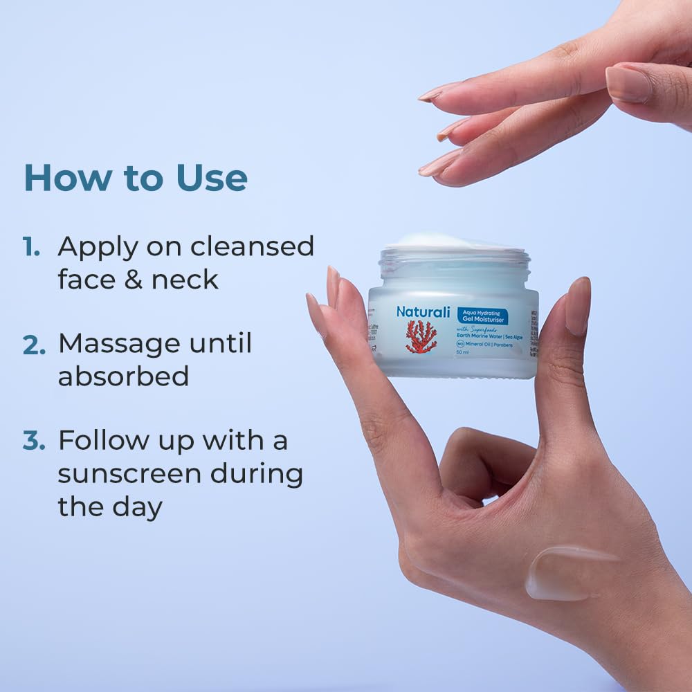 Naturali Aqua Hydrating Gel Moisturiser | With Superfoods Earth Marine Water & Sea Algae | Locks Skin Moisture | Keeps Skin Fresh & Dewy | Paraben-free | For Normal to Dry Skin | Lightweight, Absorbs Quickly | Best Hydrating Moisturiser | 50ml
