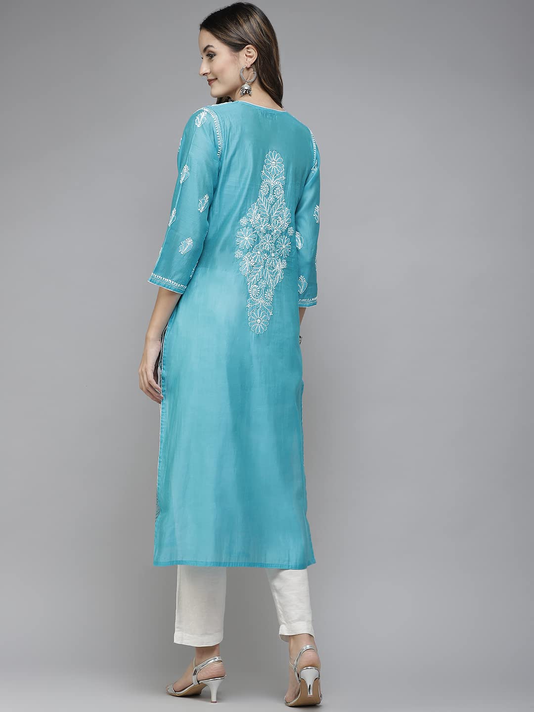 Ada Hand Embroidered New Lucknowi Chikankari Chanderi Kurta Kurti for Women A411175