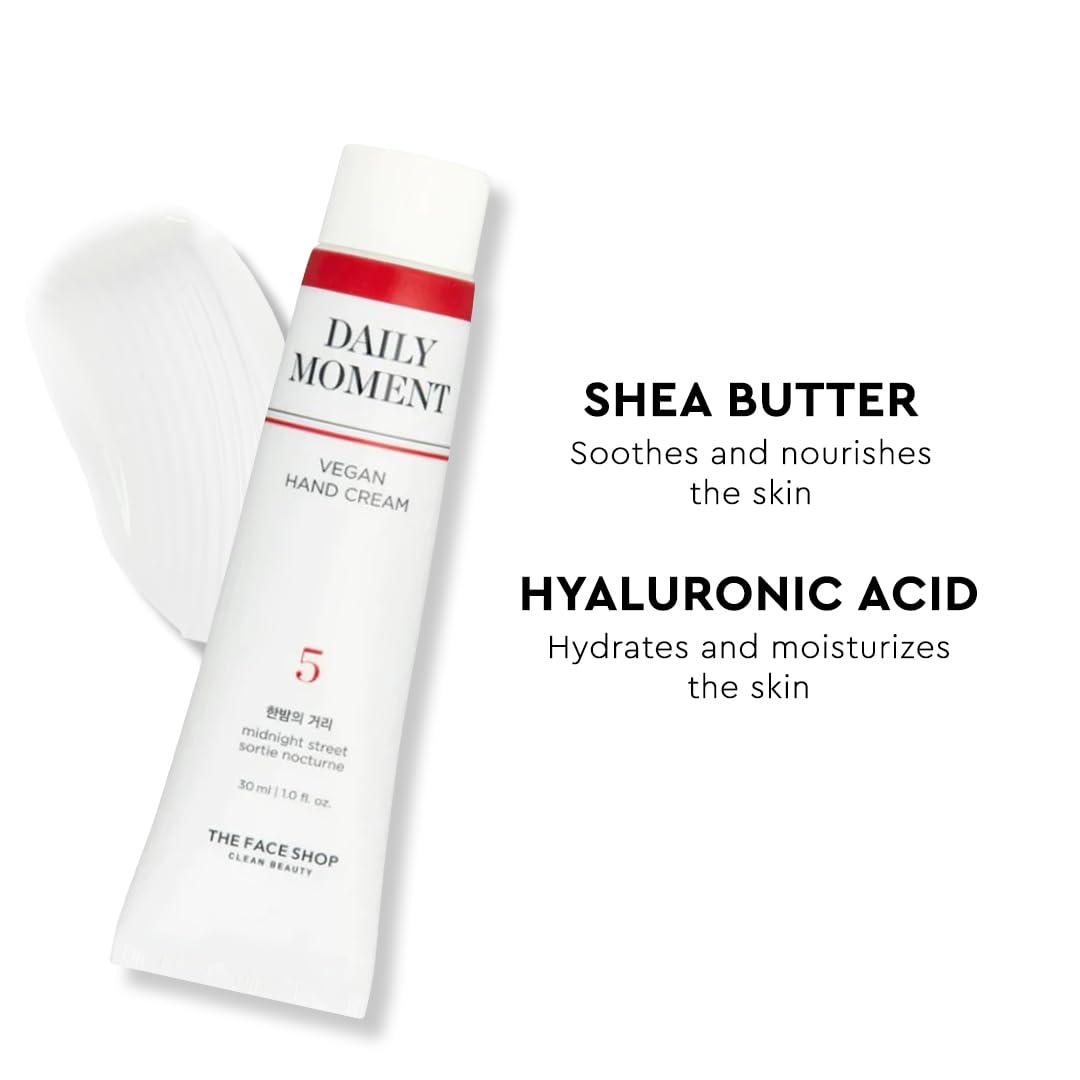 The Face Shop Daily Moment Vegan Hand Cream Midnight Street with Hyaluronic Acid & Shea Butter, Non-Greasy & Quick absorbing hand care cream, 30ml