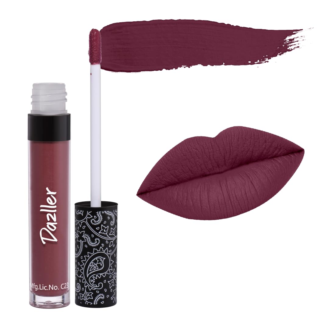 DAZLLER All Day Lipcolour|Moisturizing Kokum Butter|Non-Transfer & Smudge-Proof|8Hr Stay|Matte Liquid Lipstick for Women|Dlc004 Burgundy|6G