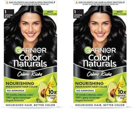 Garnier, Hair Colouring Creme, Long-lasting Colour, Smoothness & Shine, Color Naturals, Shade: 1 Natural Black, 70ml + 60g (Pack of 2)