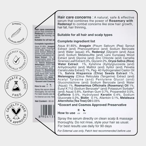 Soulflower Hair Growth Redensyl Tetragain Serum, Rosemary Oil, 3% Redensyl, 4% Anagain, Caffeine, Melanogray, Biotin, Rice Water, Anti Hair fall, Clinically Tested on Real people, Men & Women, 30ml