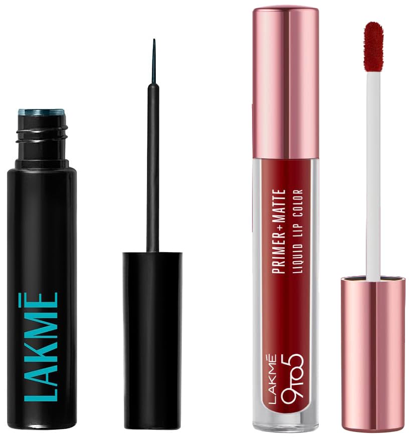LAKMÉ 9to5 Eyeconic Liquid Liner Green 4.5ml & Lakmé 9to5 Primer + Matte Liquid Lip Color MR4 Deep Maroon