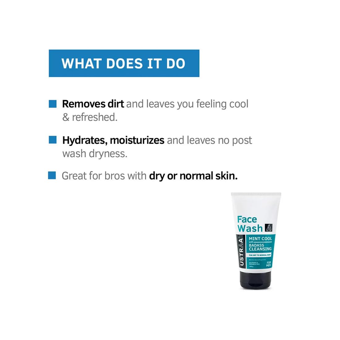 Ustraa Face Wash - Mint Cool - For Dry to Normal Skin - 100g x 2 | Reduces Moisture Loss | Removes Dirt & Dead Skin | with Pine Bark & Peppermint | NO SLS, NO PARABEN (Pack of 2)