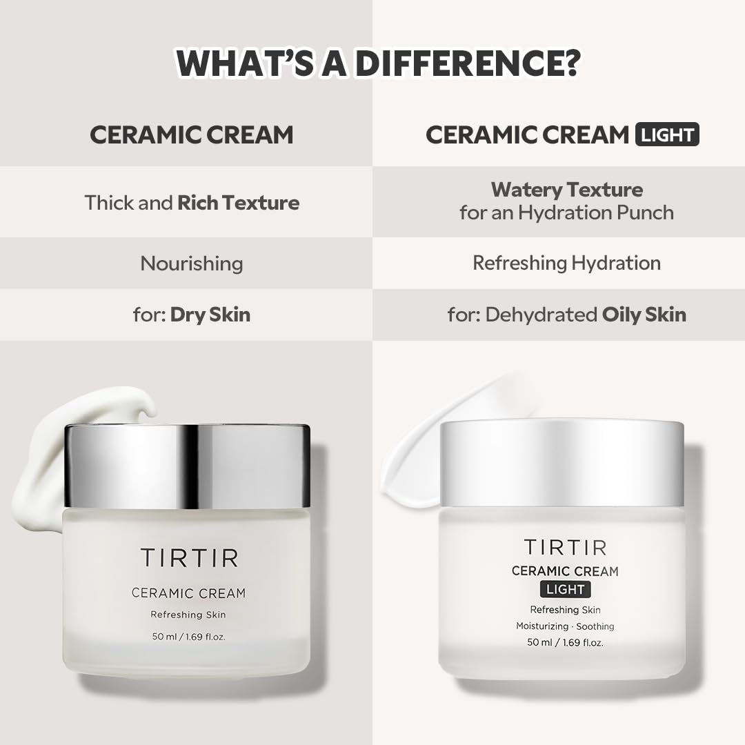 TIRTIR Ceramic Cream Light | Deep moisturizer for Glass Skin, Polyglutamic acid, Centella Asiatica Extract, Skin barrier, Lightweight, Mild, | Nature derived ingredients | Dry skin, Korean skincare