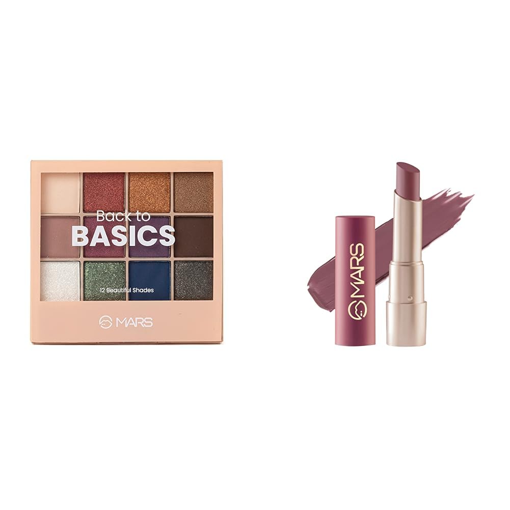 MARS 12 Shades Back to Basics Eyeshadow Palette with Free Applicator (14.4 gm) (Shade-01) Creamy Matte Long Lasting Lipstick for Women (3.2 gm) (20-Grapeful Ghoomar)