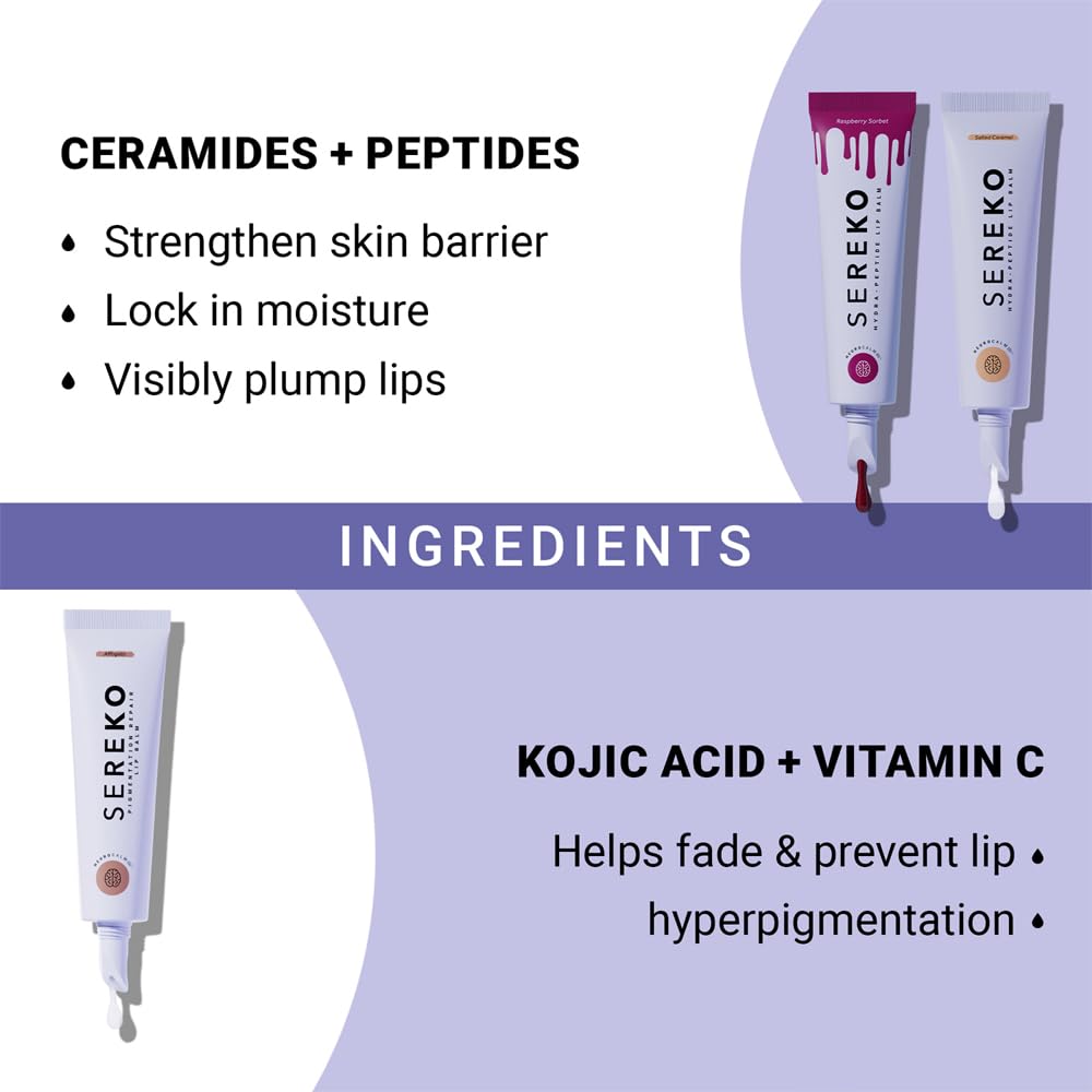 Sereko Lips Don't Lie Kit - Hydra Peptide Lip Balm Combo, Salted Caramel (Non-Tinted), Raspberry Sorbet (Tinted), Affagato (Pigmentation Repair)
