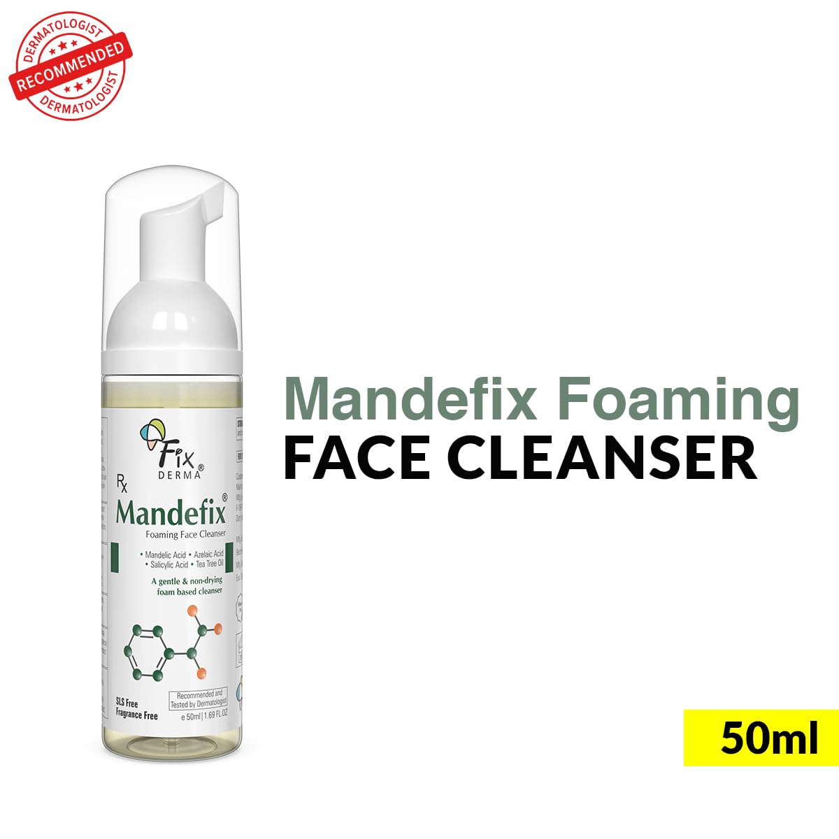 Fixderma 2% Salicylic Acid Mandefix Foaming Cleanser for Men & Women | Nondrying Cleanser, Exfoliator, Reduces Skin Ageing | Salicylic Acid Face Wash for Sensitive and Acne Prone Skin - 50ml