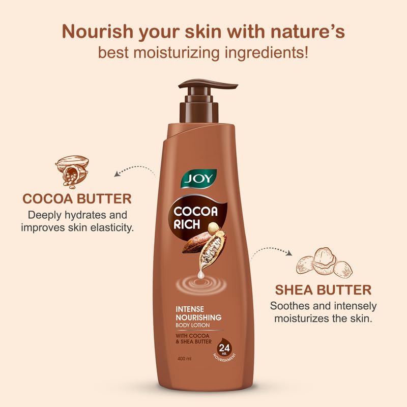 Joy Cocoa Rich Intense Nourishing Body Lotion (600ml) | 24 Hour Nourishment | With Shea Butter & Cocoa Butter | Suitable for Normal to Dry Skin | Non Sticky & Non Greasy Lightweight Body Lotion