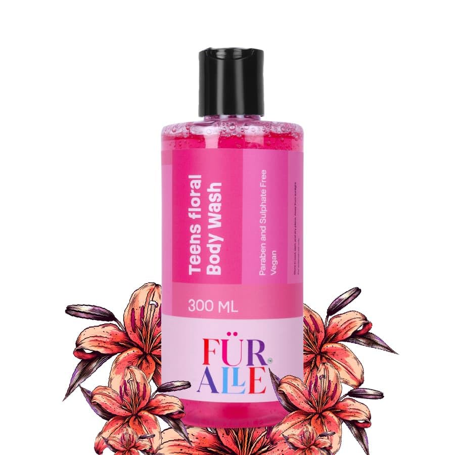 FurAlle Teens Floral Body Wash 300ml | Natural Bodywash with Aloe Vera, Oriental Lily, Nutmeg, Oats & Berry | Gentle & Natural Daily Shower Gel for Kids | Fresh, Refreshing Bodywash For Boys & Girls