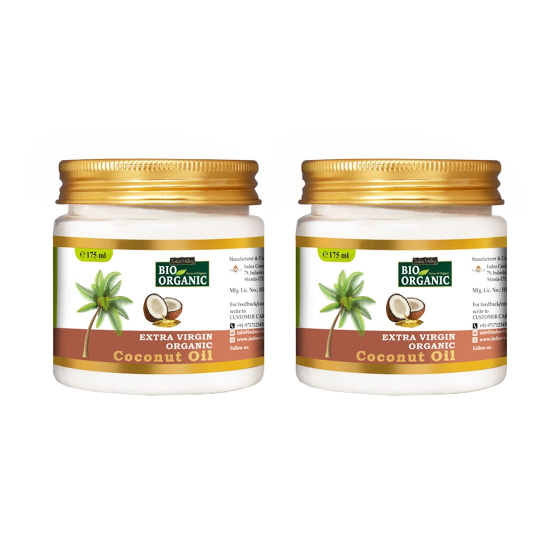 INDUS VALLEY Bio Organic Extra Virgin Organic Coconut Oil Set Of 2 With Natural Aroma Of Coconut Oil For Hair & Skin Care (175x2 = 350ml) (Set of 2)