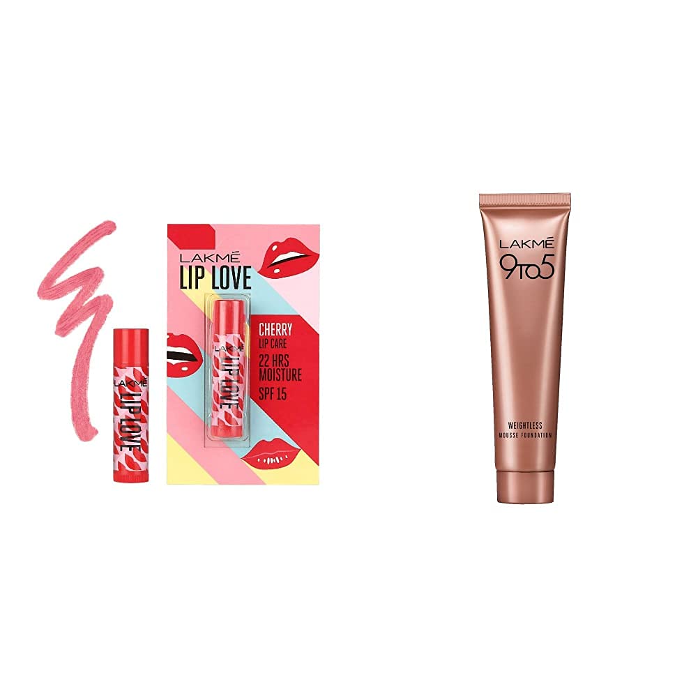 Lakmé Lip Love Chapstick Cherry, Lip Balm With Medium Spf 15, 4.5G & 9 To 5 Weightless Mousse Matte Foundation Cream for Dry Skin, Beige Vanilla, 6G