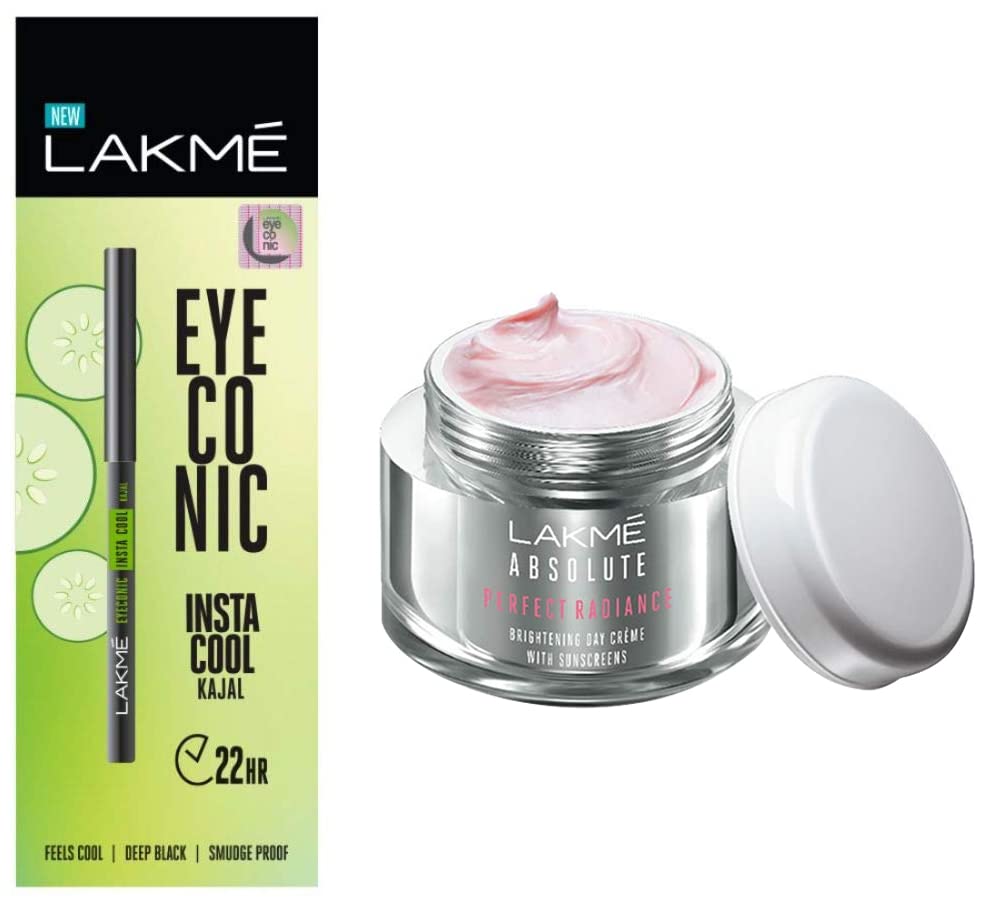 LAKMÉ Eyeconic Insta Cool Kajal, Black, Matte Finish Cooling Kohl Liner with Cucumber, Twist Up Pencil, 0.35 g & Absolute Perfect Radiance Brightening Day Cream 50g
