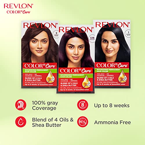 Revlon Color 'n Care Permanent Hair Color for Women -3 Darkest Brown | Blend of 4 oil's & Shea Butter| For Silky, Shiny & Nourished Hair | 100% Grey Coverage in 5 Minutes | Ammonia Free