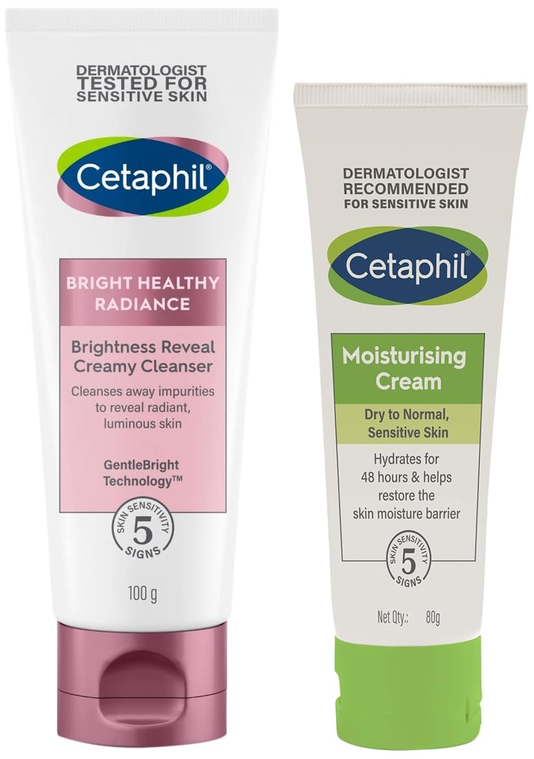 Cetaphil Brightness Reveal Creamy Cleanser - 100 g& Cetaphil Moisturising Cream for Face & Body, Dry to very dry skin, 80 gm