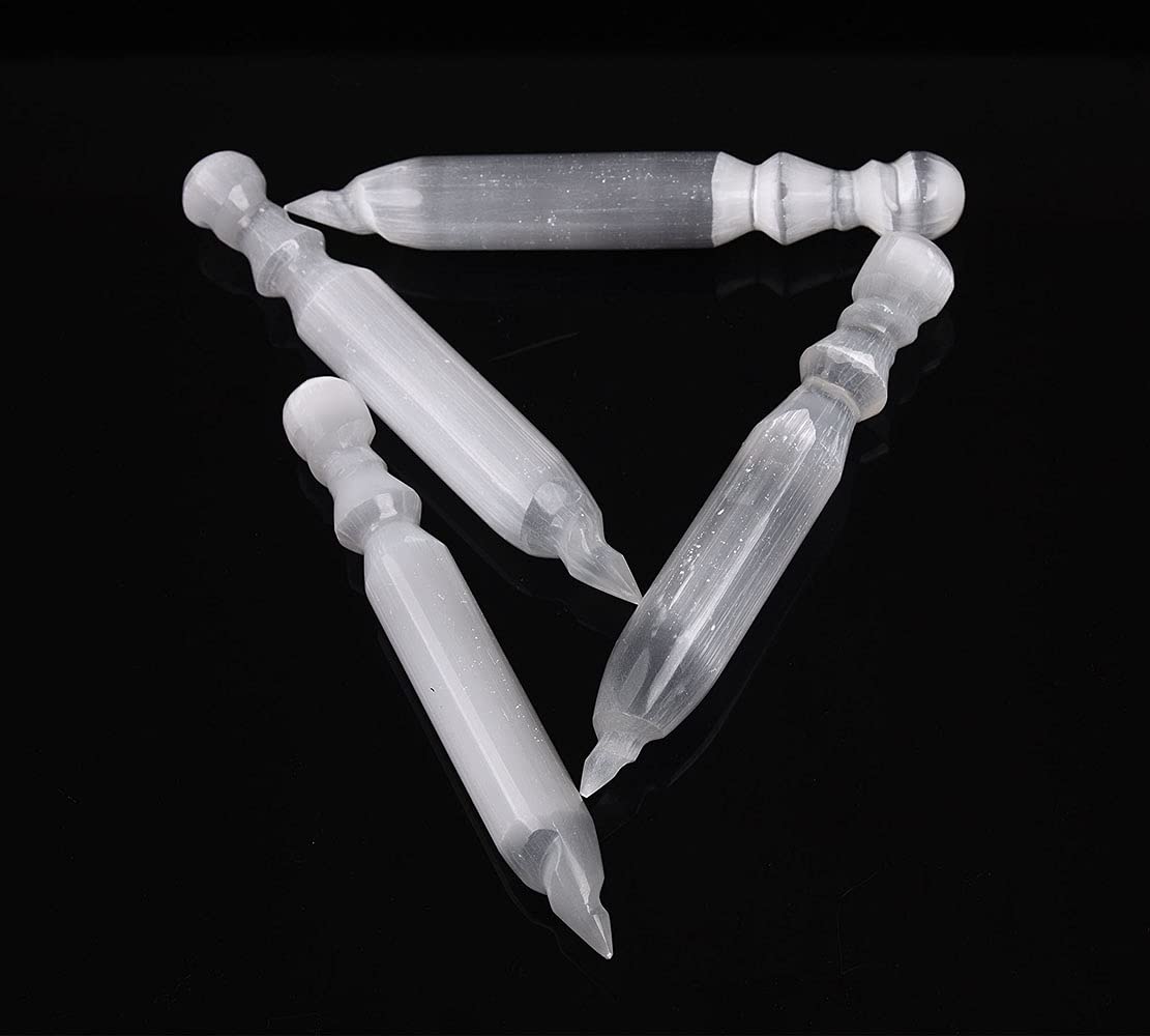 JIC Gem 4 Pcs Selenite Wand 6 Inch Natural Spiral Selenite Sticks Crystal Point for Reiki, Healing, Meditation, Chakra, Positive Energy B-spiral4 Wand 6"