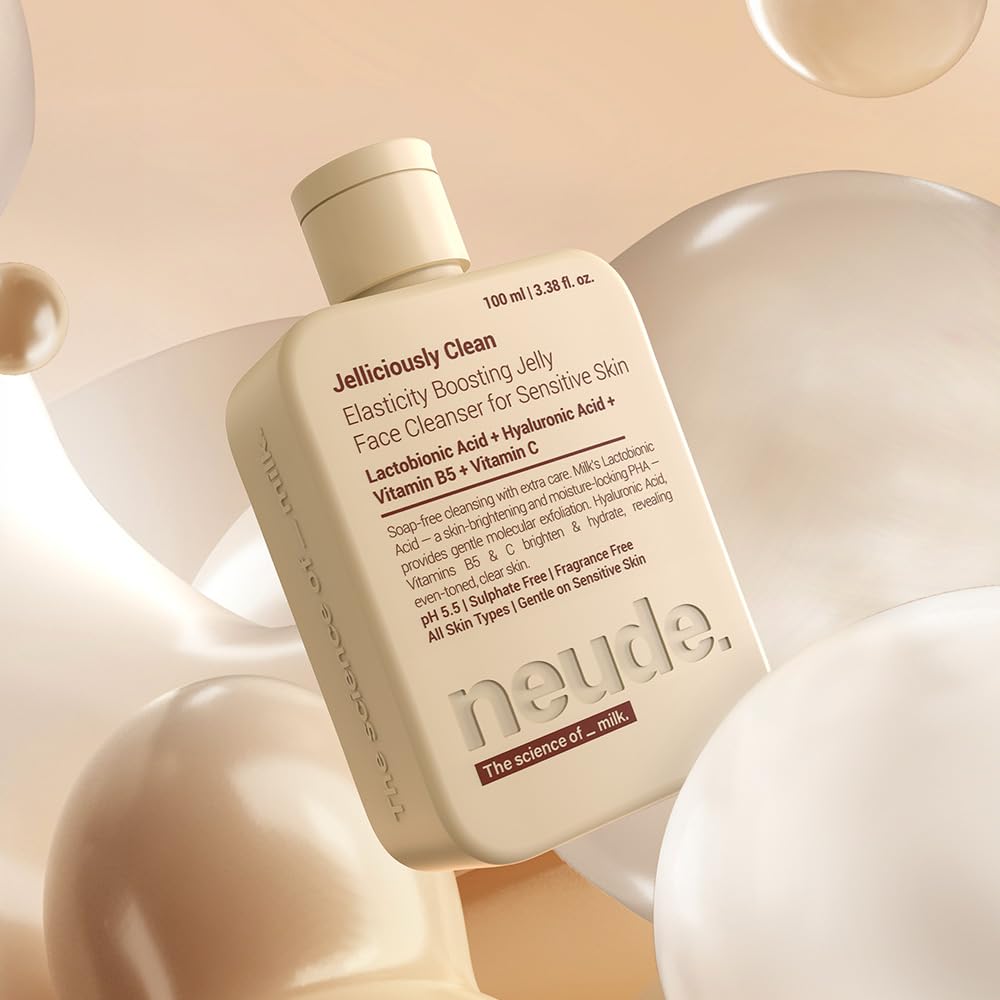 Neude Jelliciously Clean Face Wash 100ml pH 5.5 for Sensitive Skin Gel Face Cleanser with Double Milk Actives Lactobionic Acid & Lactic Acid - Deep Cleansing Brightening & Elasticity Boosting Formula