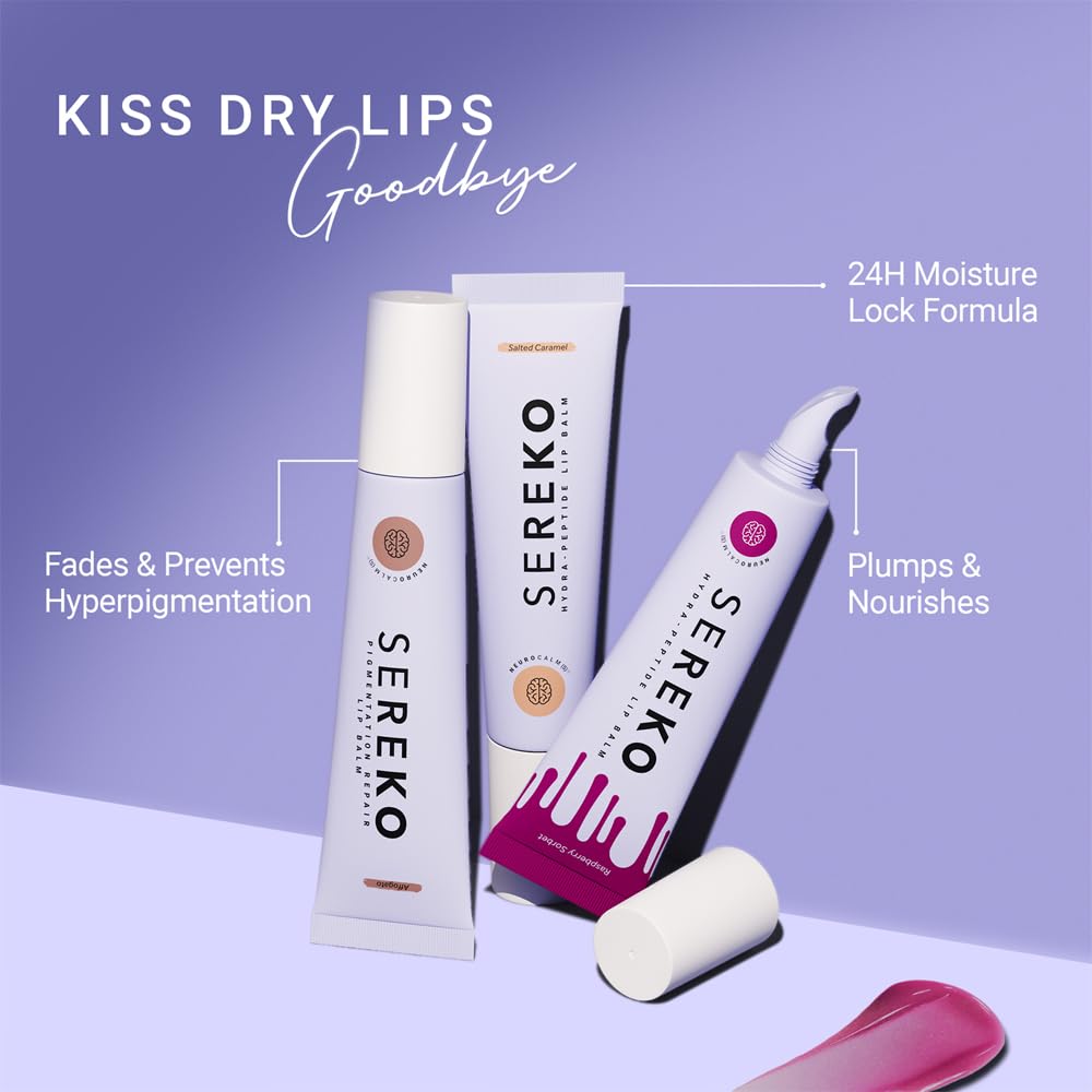 Sereko Lips Don't Lie Kit - Hydra Peptide Lip Balm Combo, Salted Caramel (Non-Tinted), Raspberry Sorbet (Tinted), Affagato (Pigmentation Repair)