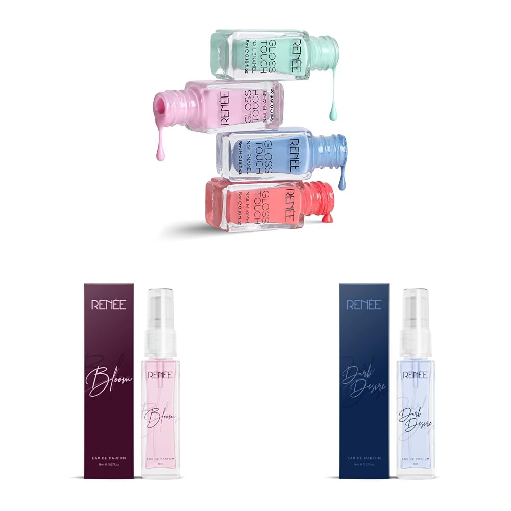 RENEE Glossy Finish Touch Nail Paint Set Of 4 & Eau De Parfum Bloom 8Ml, Premium Long Lasting Luxury Perfume Scent For All Occasions, Travel Friendly Mini Perfume & Eau De Parfum Dark Desire 8Ml