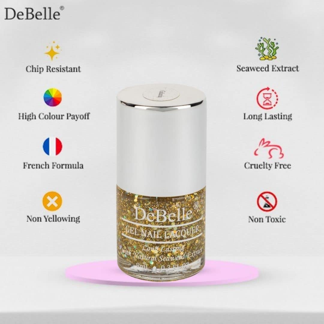 DeBelle Gel Nail Polish Galaxia (Transparent With Different Size Holo Glitter Nail Paint)|Non UV - Gel Finish |Chip Resistant | Seaweed Enriched Formula| Long Lasting|Cruelty and Toxic Free| 8ml