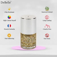DeBelle Gel Nail Polish Galaxia (Transparent With Different Size Holo Glitter Nail Paint)|Non UV - Gel Finish |Chip Resistant | Seaweed Enriched Formula| Long Lasting|Cruelty and Toxic Free| 8ml