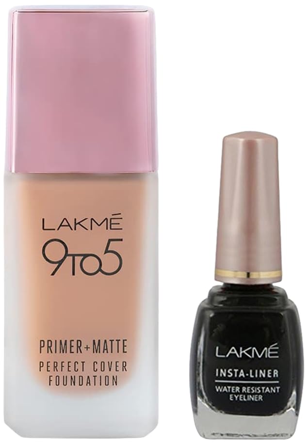 Lakmé 9To5 Primer + Matte Perfect Cover Liquid Foundation for combination Skin,Buildable, W240 Warm Beige, 25 Ml And Lakmé Insta Eye Liner, Black, 9Ml