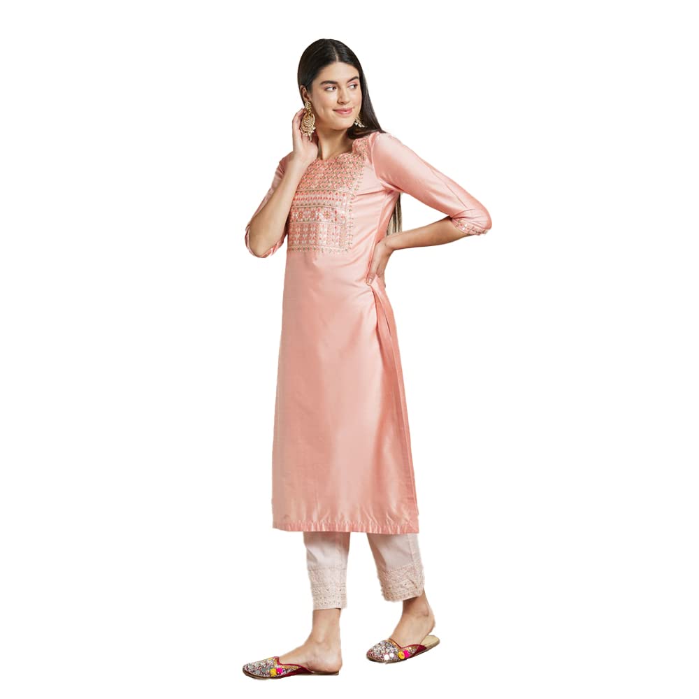 Kashish Women's  Viscose Embroidered Round Neck Straight Fit Kurta