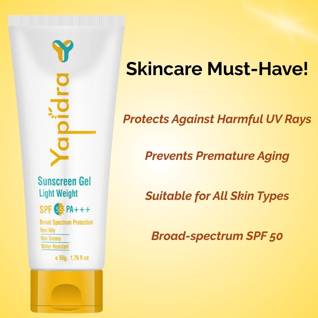 Yapidra Sunscreen Gel SPF 55 PA+++ | Lightweight, Non-Oily & Non-Greasy | Moisturizing, Non-White Casting, Water-Resistant | Broad Spectrum UV Protection | For All Skin Types | 50g