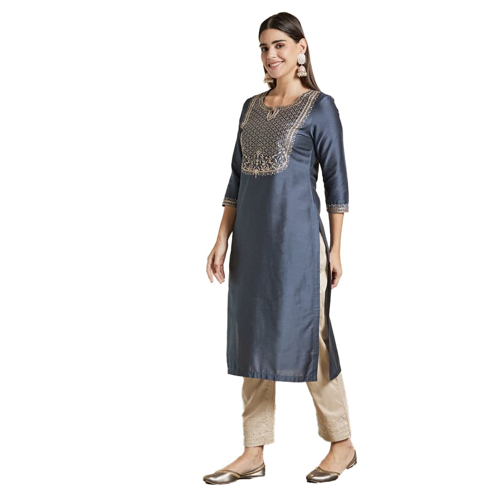 Kashish Women's  Viscose Embroidered Round Neck Straight Fit Kurta