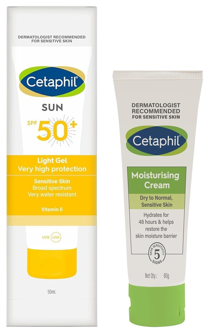 Cetaphil Moisturising Cream for Face & Body, Dry to Normal skin, 80 gm Combination Skin Sun Spf 50 Sunscreen, Very High Protection Light Gel, Water Resistant, Vitamin E, 50 Ml, Pack Of 1