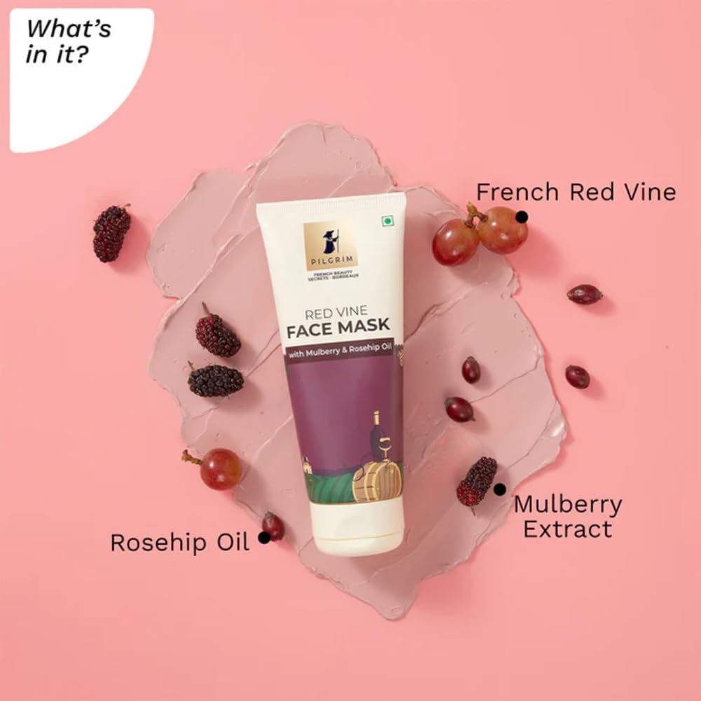 Pilgrim Anti Ageing Red Vine Face Pack & Mask Paste with Mulberry Extracts & Rosehip Oil for Glowing Skin, De-Tan, Dark Spots, Blackheads Removal, 100g