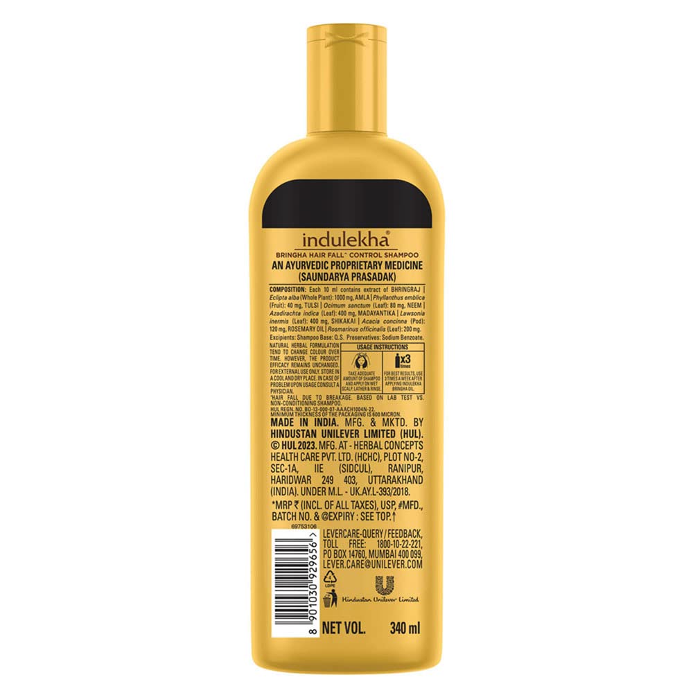 Indulekha Bringha Shampoo, Proprietary Ayurvedic Medicine For Hair Fall, Free From Parabens, Synthetic Dyes And Synthetic Perfume, 340ml