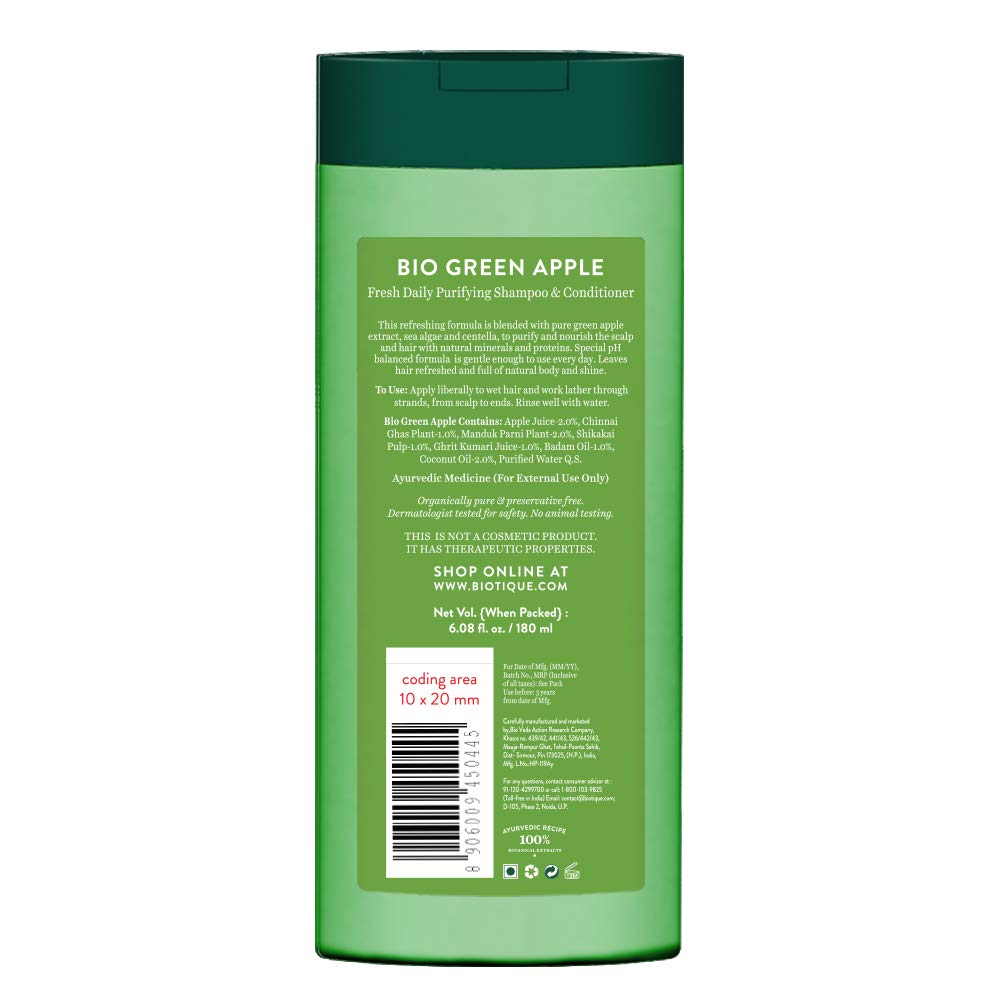 Biotique Bio Green Apple Fresh Daily Purifying Shampoo and Conditioner for Oily Scalp and Hair, 180m And Biotique Bio Honey Gel Face Wash for All Skin Types, 100ml