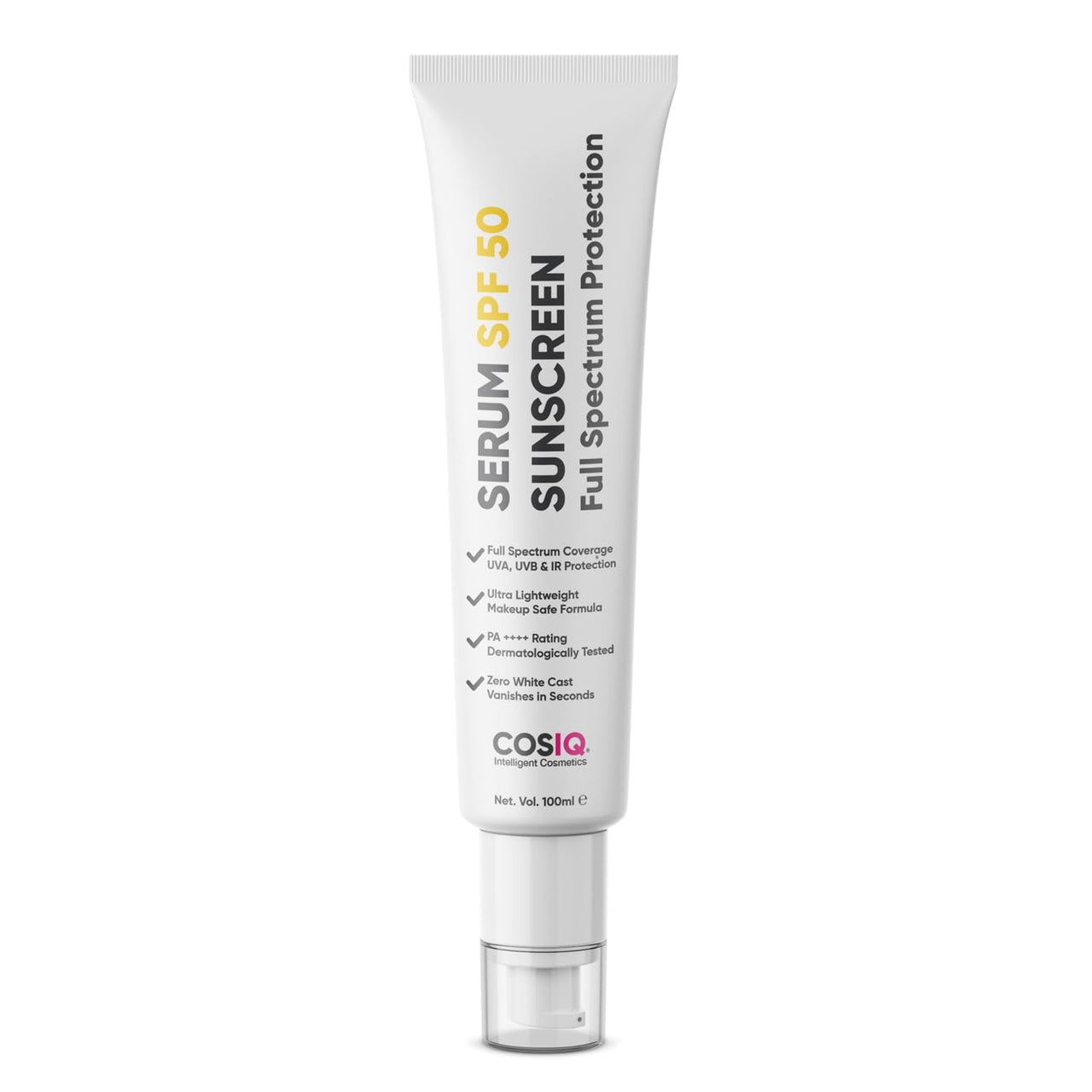 Cos-IQ Sunscreen Serum SPF 50 PA++++ Broad Spectrum, UVA, UVB & IR Protection, No White Cast, Ultra-Light Weight, Skin Safe, Dewy Finish For Unisex, 100ml