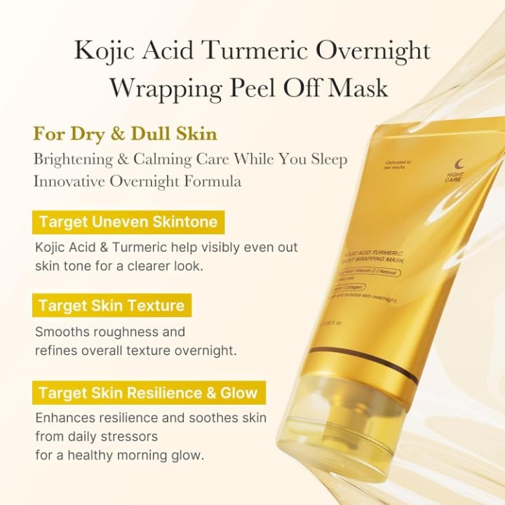 Kojic Acid Turmeric Overnight Wrapping Peel Off Mask – Brightens & Defends Against Skin Stress for a Clear, Glowing Complexion, Korean Skincare Facial Mask, 2.65 fl. oz.