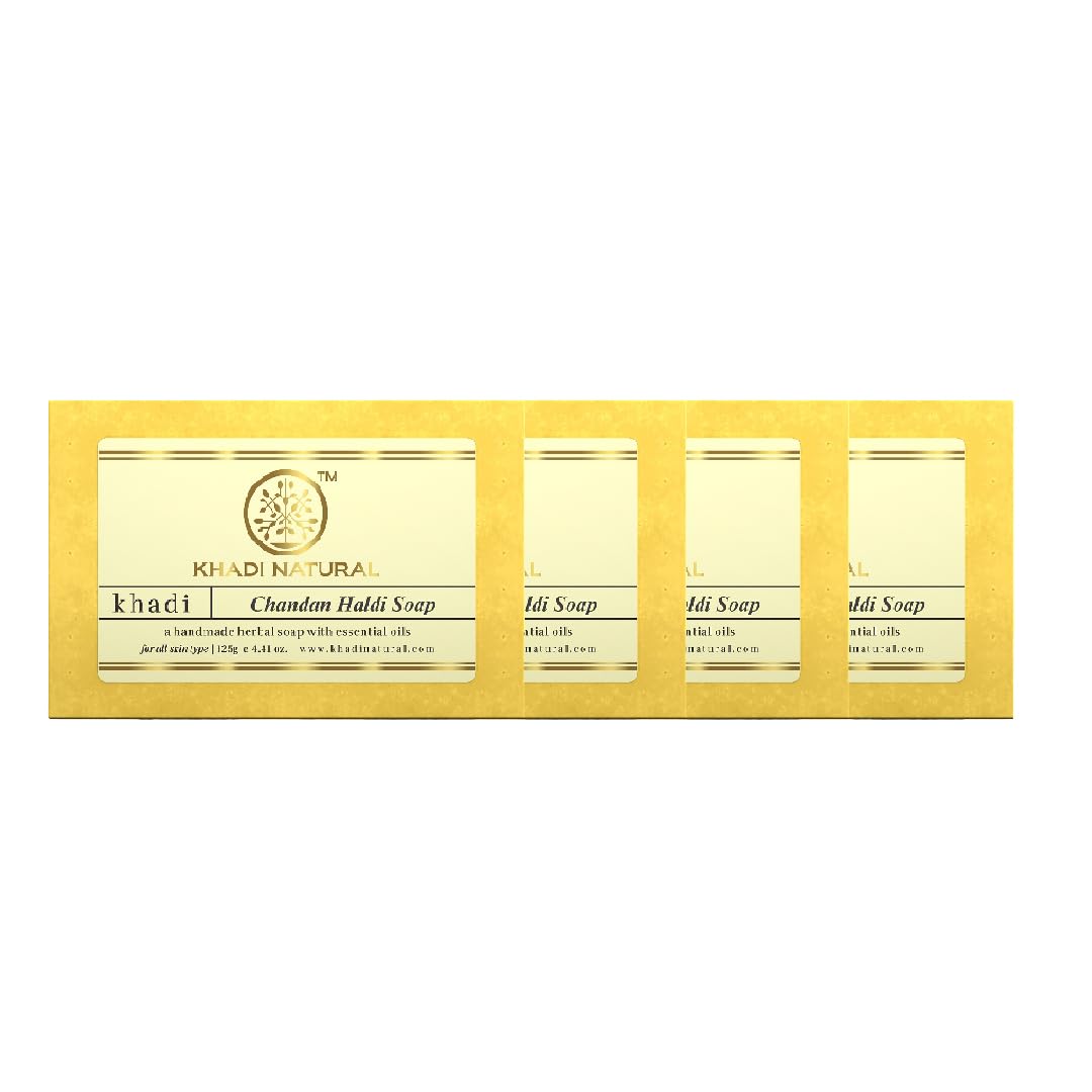 KHADI NATURAL Herbal Chandan Haldi Soap, 125 g| Herbal Bathing Soap for Healthy Skin | Natural Soap with Essential Oils | Soap with Antiseptic properties| Suitable for All Skin Types | Pack of 4