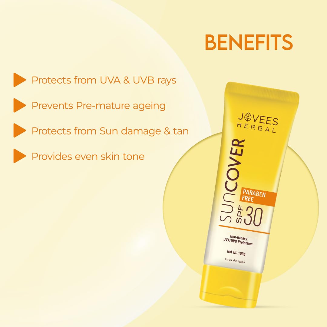 Jovees Herbal Sandalwood Natural Sun Cover SPF 30 | Protect From Sun Damage, UVA/UVB Rays & Blue Light | Lightweight and Oil Free Sunscreen For All Skin Type 100g