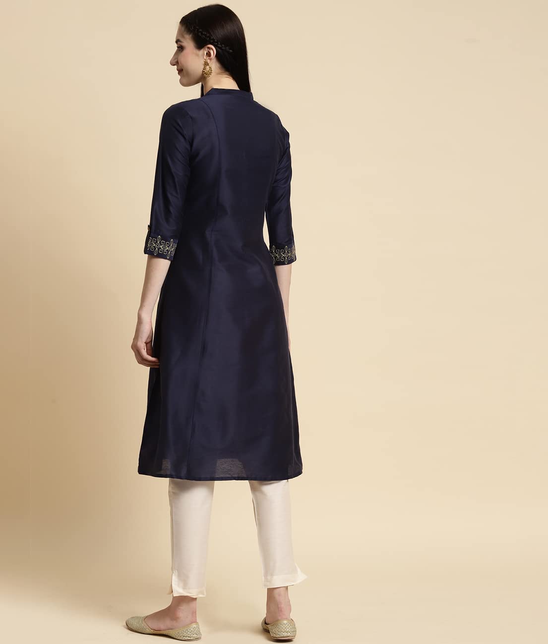 rangita Women Solid Embroidered Calf Length A Line Kurti with Sleeves Tabs