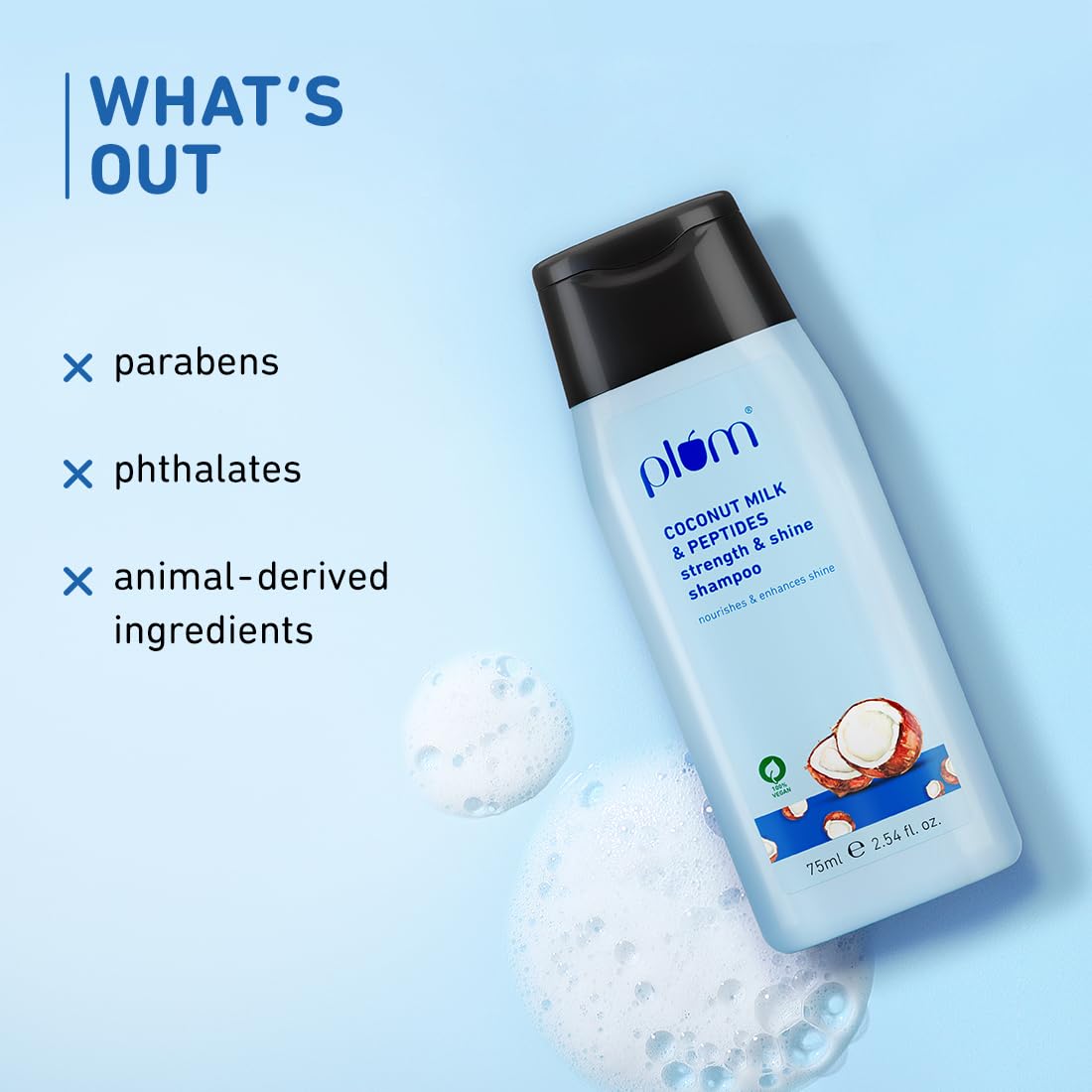 Plum Coconut Milk & Peptides Shampoo for Dry & Frizzy Hair | Provides 22X Shiny & Softer Hair | Paraben-Free | Hair Shampoo for Women & Men | for Straight, Wavy & Rough Hair | pH Balanced | 75ml