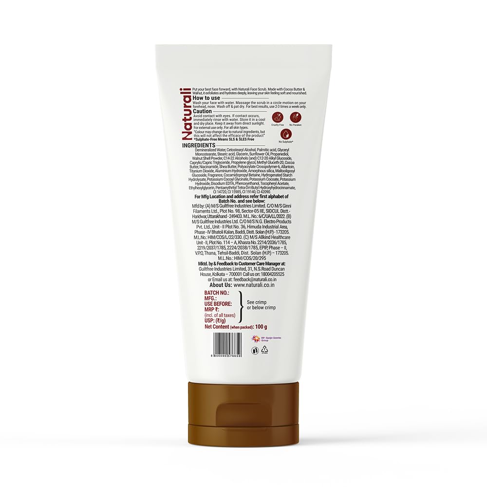 Naturali Exfoliating Face Scrub With Walnut & Cocoa | Deeply Hydrates Skin | Nourishes Dry Skin | Paraben & Mineral Oil Free | 100g