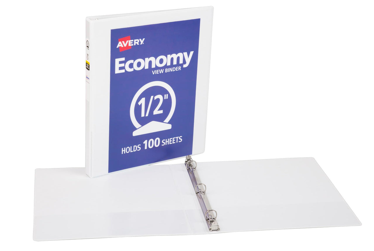 Avery Economy View 3 Ring Binder, 0.5" Round Rings, 1 White Binder (05706)