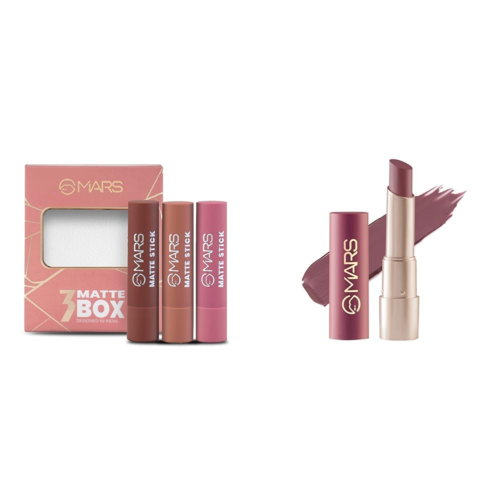 MARS Matte Box Set of 3 Lipsticks for Women (3x3.2 gm) (05-Blushed & Nudes) Creamy Matte Long Lasting Lipstick for Women (3.2 gm) (20-Grapeful Ghoomar)