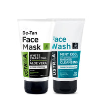 Ustraa De-Tan Face Mask - Dry Skin - 125g - Wash-off mask | with White Charcoal | Effective Tan Removal & Face Wash - Mint Cool - Dry Skin - 100g | Reduces Moisture Loss | Removes Dirt